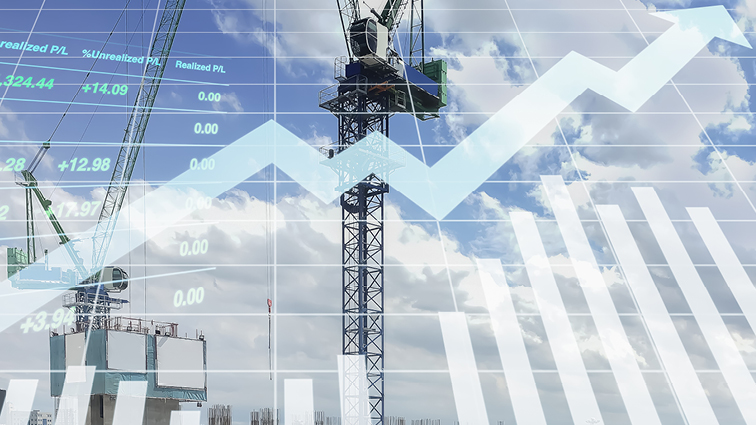 Stock information superimposed over a construction crane