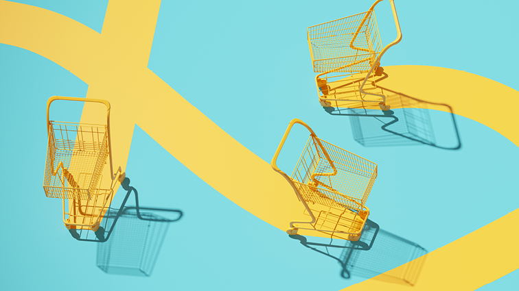 Three yellow shopping carts move across a teal space leaving yellow tracks