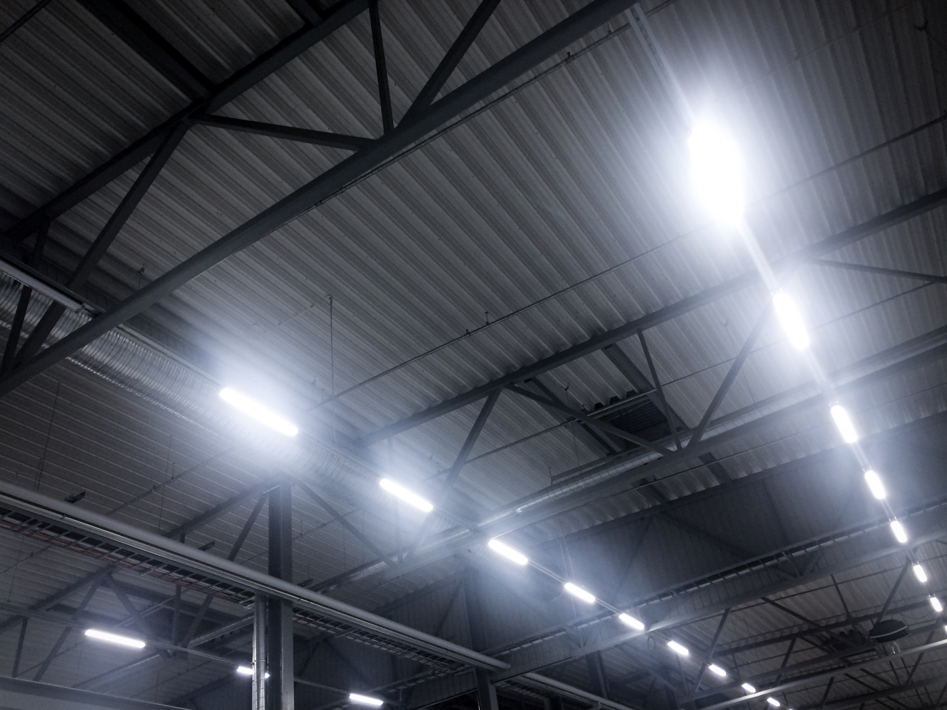 The ceiling of a building with LED lighting.