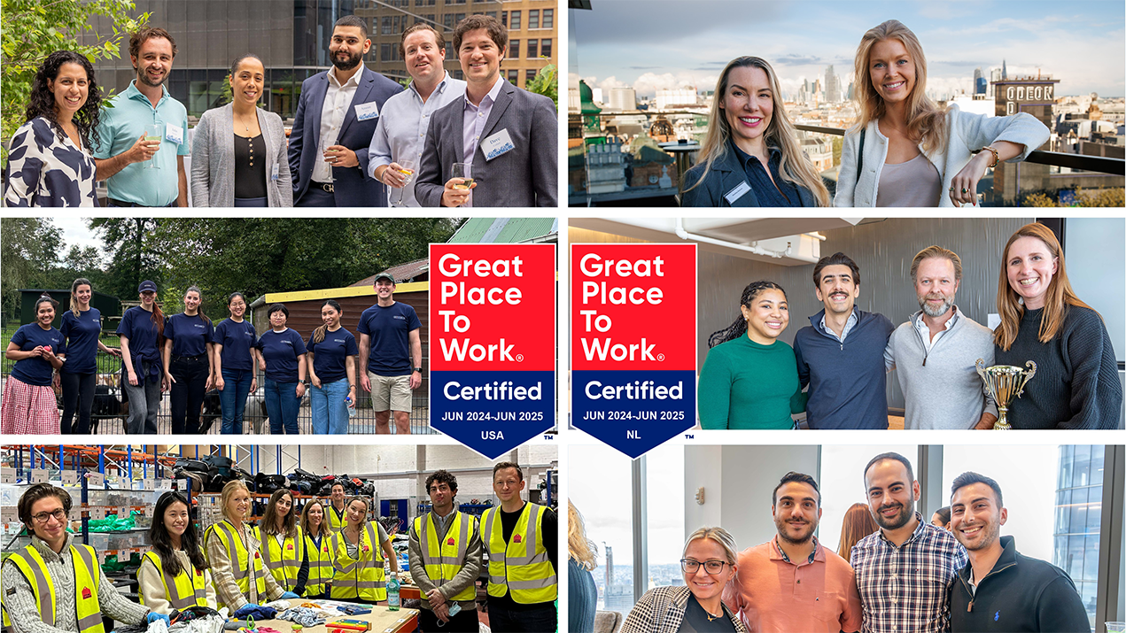 6 photos of W. P. Carey employees across the globe with the U.S. and European 'Great Places to Work 2024-2025' badges