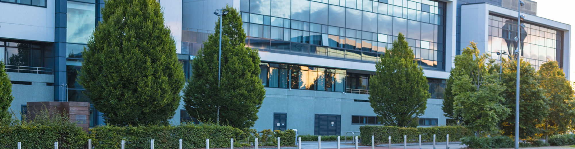 The outside of a building with bright green grass