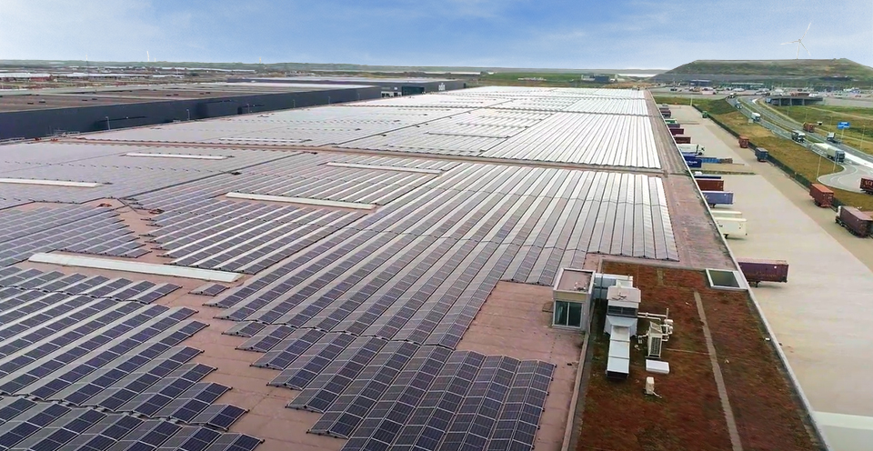 Solar panels on roof of industrial building