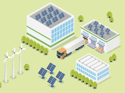 An illustration of a warehouse with solar panels on the roof and windmills